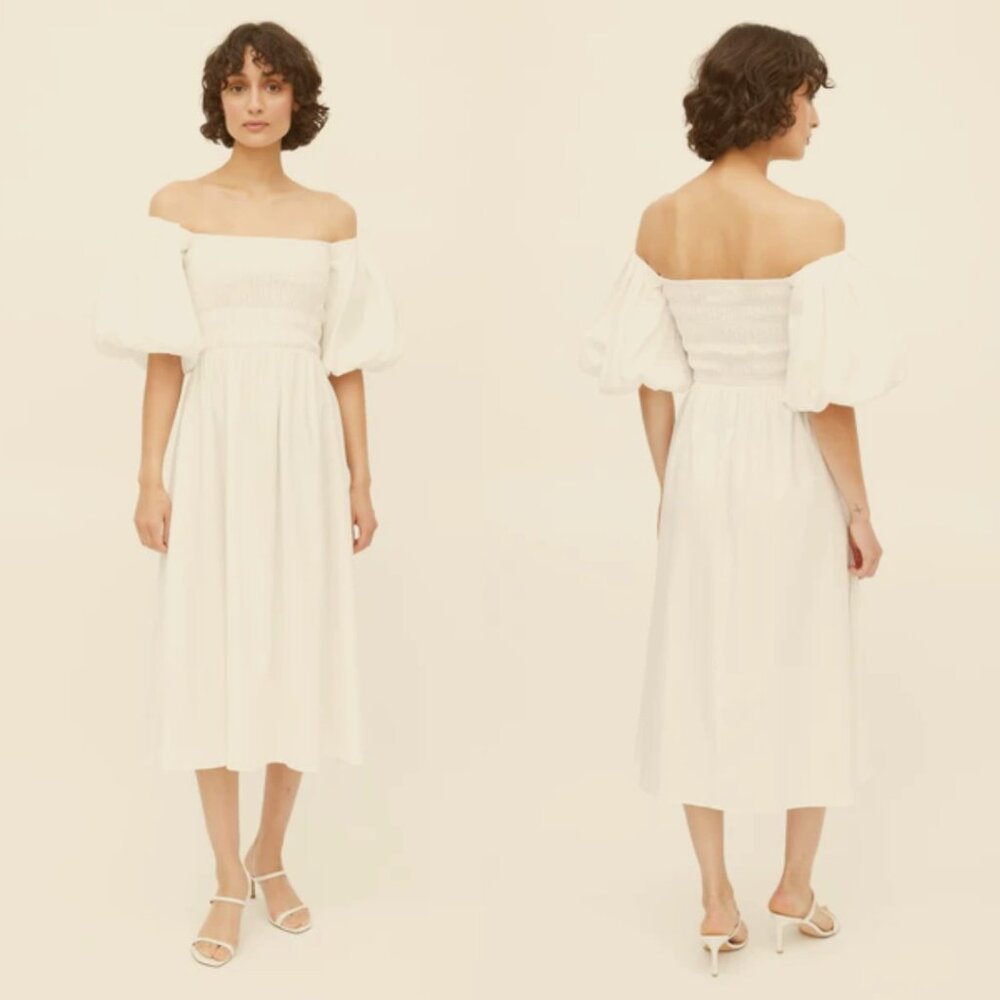 Reformation White Smocked Midi Puff Sleeve Dress Flowy Square Neck Bridal